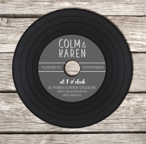 Retro 'vinyl' record CD wedding invitation, personalised CD record sleeves, custom vintage music themed invitations, handmade music lovers - Image 4