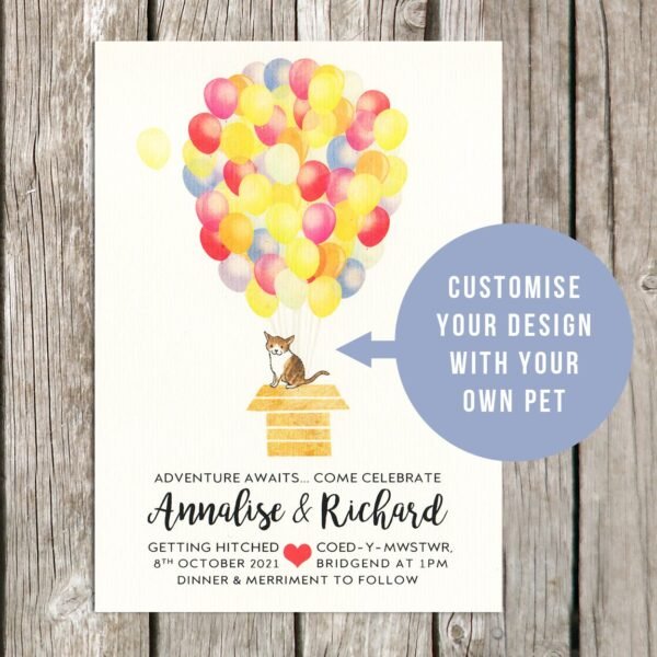 Colourful Balloon Wedding Invitation With Custom Pet, Dog / Cat Wedding Invitations, Quirky, Different Invites, Disney Wedding Theme, Fun - Image 2