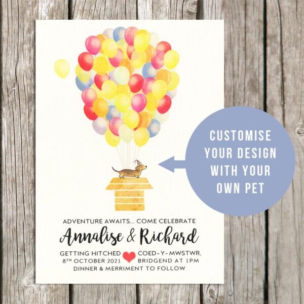 Colourful Balloon Wedding Invitation With Custom Pet, Dog / Cat Wedding Invitations, Quirky, Different Invites, Disney Wedding Theme, Fun - Image 3