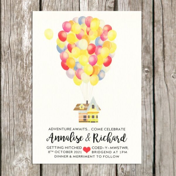 Colourful balloon wedding invitations, Illustrated design, Cute wedding invites, Fairytale, Different personalised wedding invitation, Fun