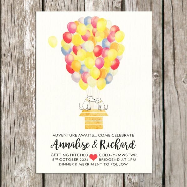 Colourful Balloon Wedding Invitation With Custom Pet, Dog / Cat Wedding Invitations, Quirky, Different Invites, Disney Wedding Theme, Fun