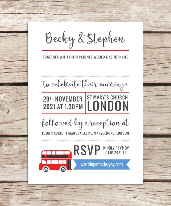 London themed wedding invitations, Red bus, British wedding invites, Modern simple printed design, Personalised alternative stationery