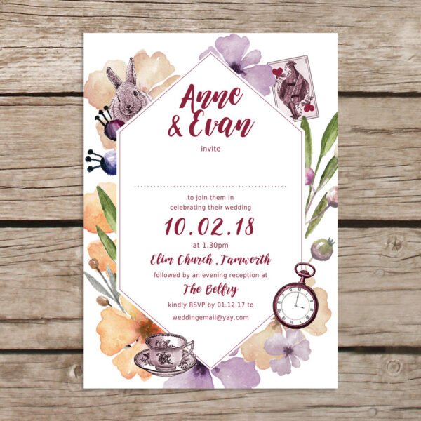 Alice in Wonderland Wedding Invitations, Alternative Wedding, Luxury Invitations, Autumn Colours, Illustrated Unique Design, Personalised