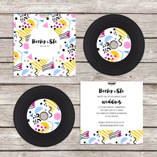 Retro 'vinyl' record CD wedding invitation, personalised CD record sleeves, custom vintage music themed invitations, handmade music lovers