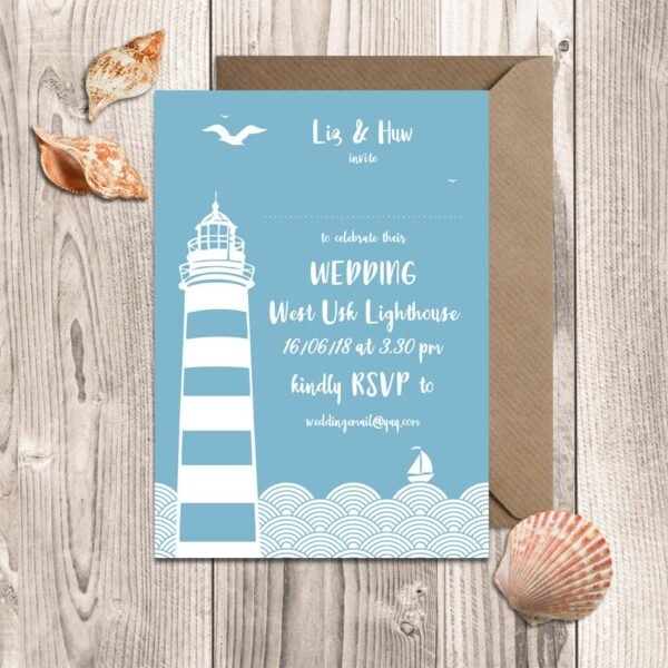 Lighthouse Wedding Invitations, Seaside Wedding Invites, Nautical Theme, Sea, Ocean, Luxury Wedding Invitation, Personalised, Simple Design