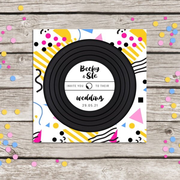 Retro 80's vinyl record wedding invitation, personalised record invites, custom vintage music themed invitations, handmade, music lovers