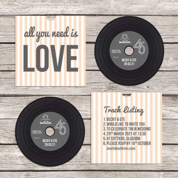 Retro 'vinyl' record CD wedding invitation, personalised CD record sleeves, custom vintage music themed invitations, handmade music lovers