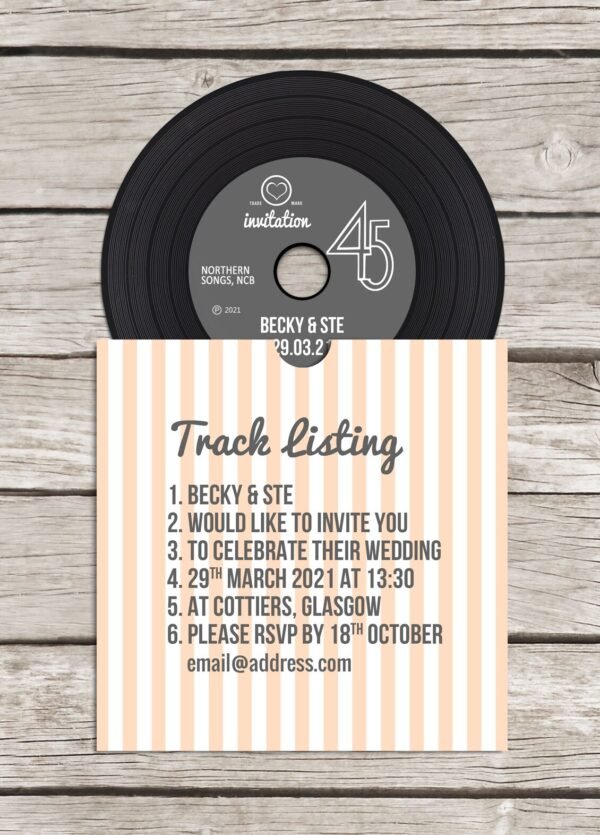 Retro 'vinyl' record CD wedding invitation, personalised CD record sleeves, custom vintage music themed invitations, handmade music lovers - Image 3