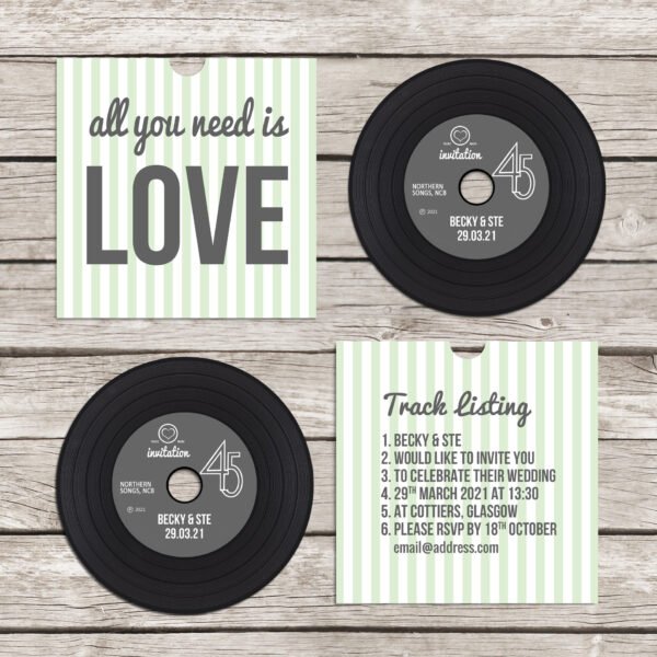Retro 'vinyl' record CD wedding invitation, personalised CD record sleeves, custom vintage music themed invitations, handmade music lovers - Image 6
