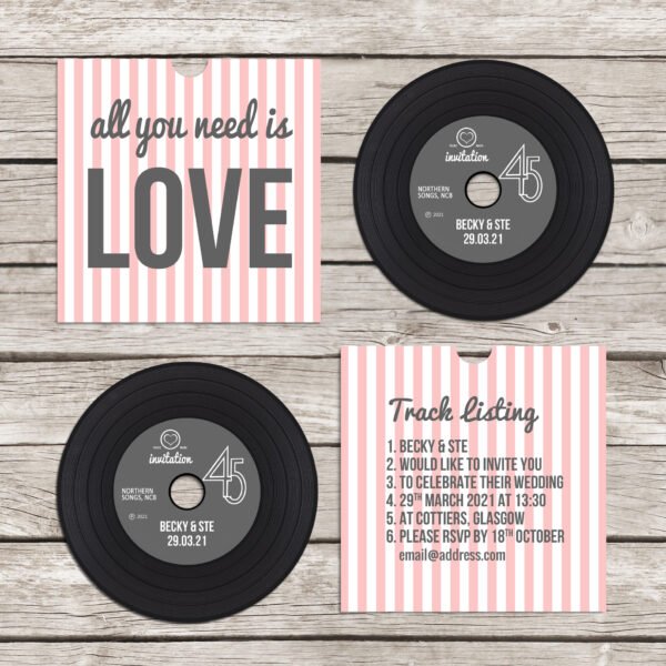 Retro 'vinyl' record CD wedding invitation, personalised CD record sleeves, custom vintage music themed invitations, handmade music lovers - Image 7