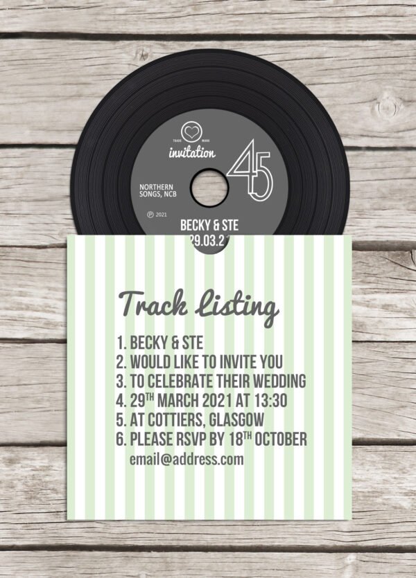Retro 'vinyl' record CD wedding invitation, personalised CD record sleeves, custom vintage music themed invitations, handmade music lovers - Image 3