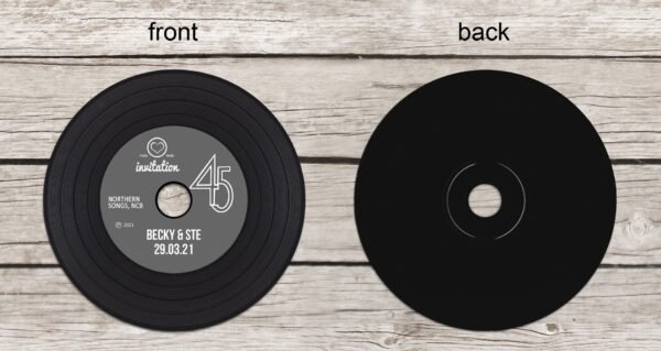 Retro 'vinyl' record CD wedding invitation, personalised CD record sleeves, custom vintage music themed invitations, handmade music lovers - Image 4