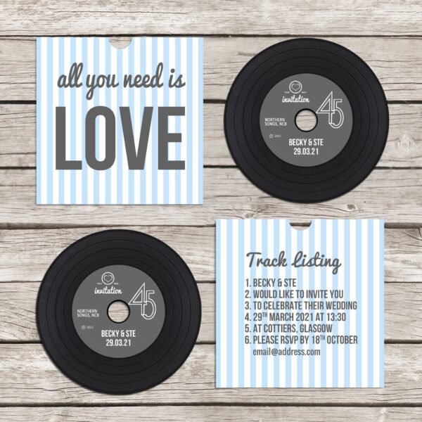 Retro 'vinyl' record CD wedding invitation, personalised CD record sleeves, custom vintage music themed invitations, handmade music lovers - Image 5