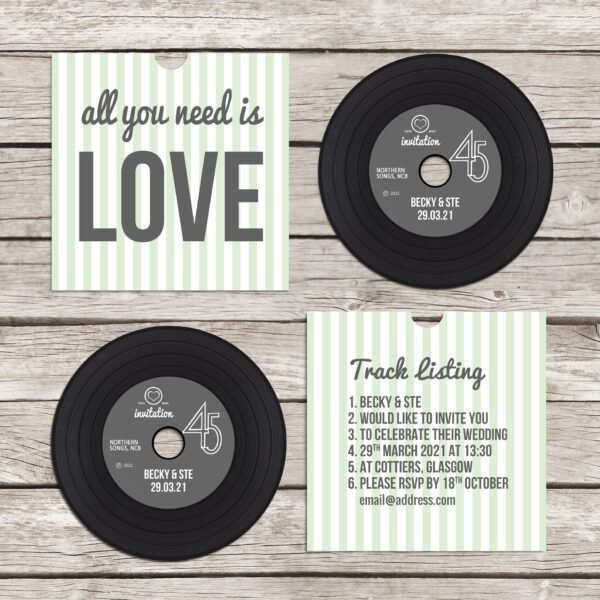 Retro 'vinyl' record CD wedding invitation, personalised CD record sleeves, custom vintage music themed invitations, handmade music lovers - Image 5