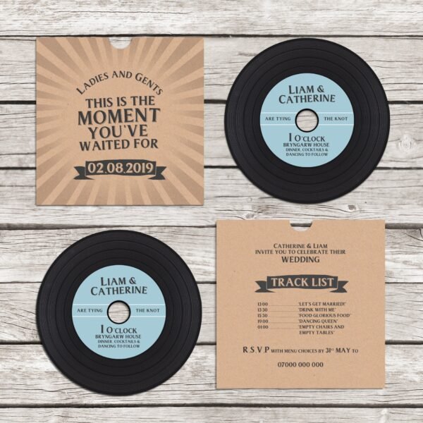Greatest Showman Inspired Vinyl CD Wedding Invitation, personalised kraft CD record sleeves custom vintage music themed invitations handmade - Image 2