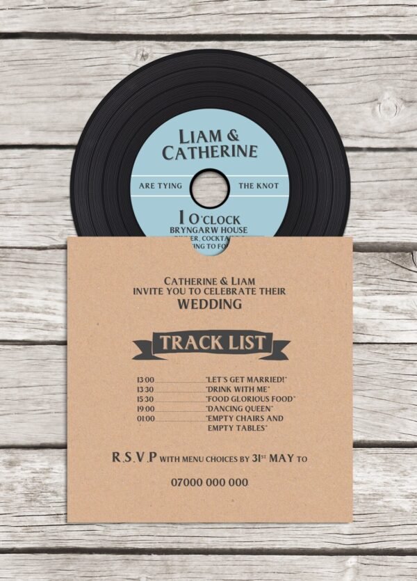 Greatest Showman Inspired Vinyl CD Wedding Invitation, personalised kraft CD record sleeves custom vintage music themed invitations handmade - Image 4