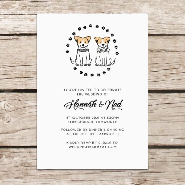 Dog Wedding Invitations, Personalised Wedding Invites With Envelopes, Luxury Printed Design, Eco Friendly, Illustrated Dogs Cute Invitations