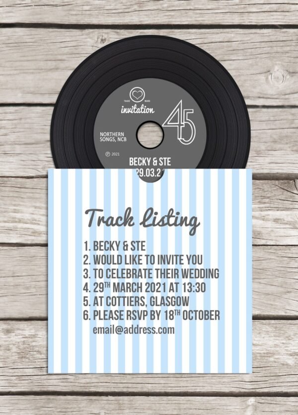 Retro 'vinyl' record CD wedding invitation, personalised CD record sleeves, custom vintage music themed invitations, handmade music lovers - Image 3