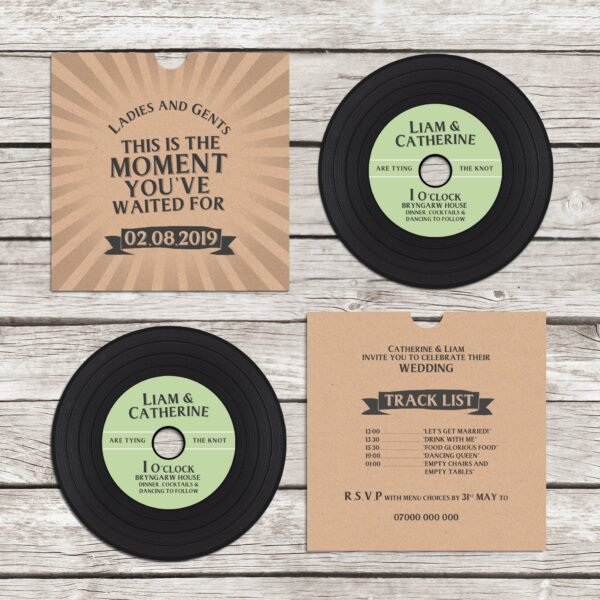 Greatest Showman Inspired Vinyl CD Wedding Invitation, personalised kraft CD record sleeves custom vintage music themed invitations handmade - Image 6