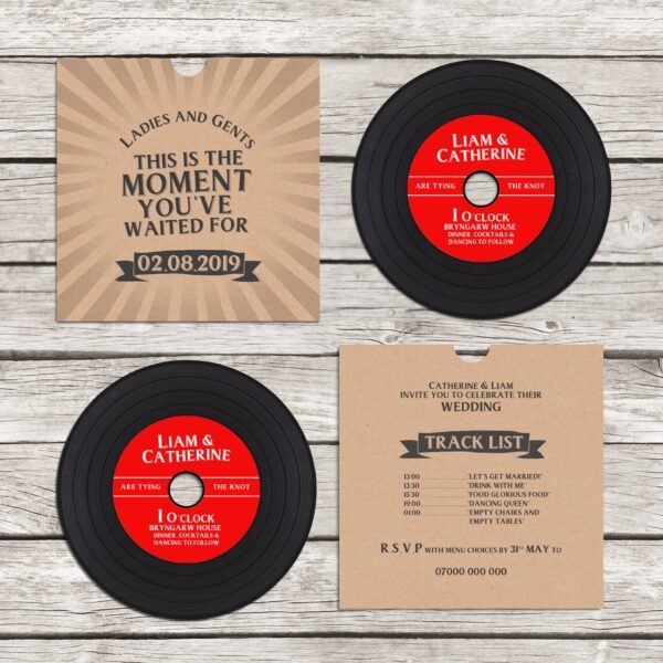 Greatest Showman Inspired Vinyl CD Wedding Invitation, personalised kraft CD record sleeves custom vintage music themed invitations handmade