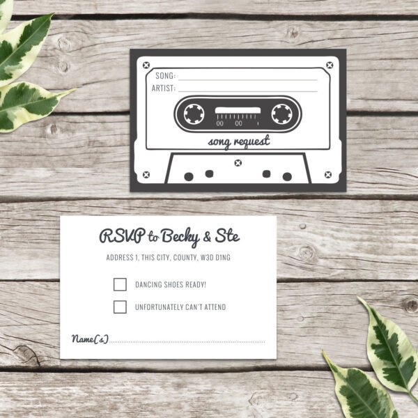 Cassette tape RSVP card / song request cards, Retro song request cards, RSVP cards, Music themed, Personalised wedding stationery