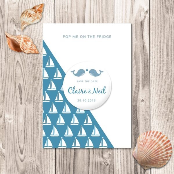 Sea themed wedding save the date magnets, Whale magnets, Boat save the date cards, Personalised wedding stationery with envelopes, Blue