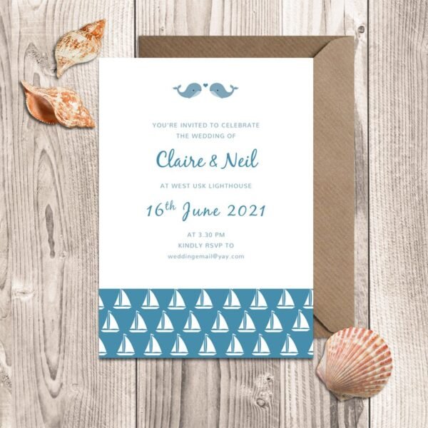 Sea themed wedding Invitations, Whales, Boats, Nautical theme, Seaside wedding invites with envelopes, Personalised design, Blue & White