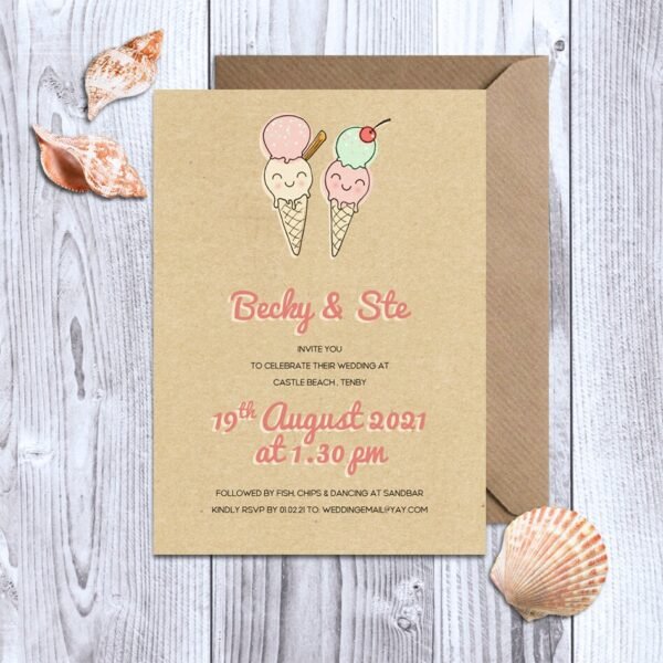 Ice cream / beach themed wedding invitations, Retro design, Kraft card, Rustic invites with envelopes, Alternative stationery, Seaside theme