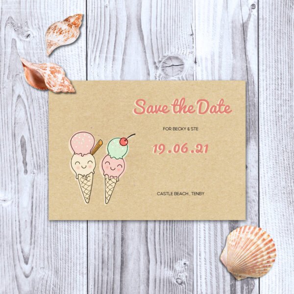 Ice cream / Beach Wedding Save the Date Cards, Cute Ice-Cream Save The Dates, Personalised Wedding Stationery With Envelopes , Eco Friendly