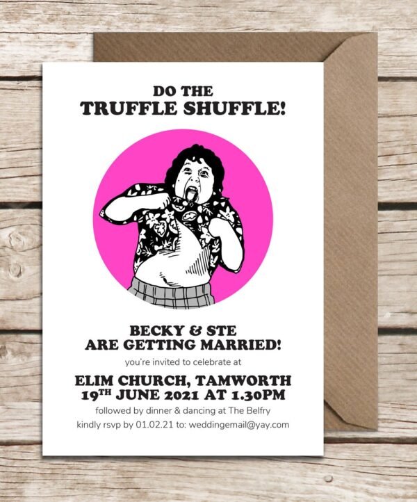 The Goonies Inspired Wedding Invitations, Chunk, Do The Truffle Shuffle, 80's Film / Movie Themed Wedding, Bespoke Wedding Invitations, Fun