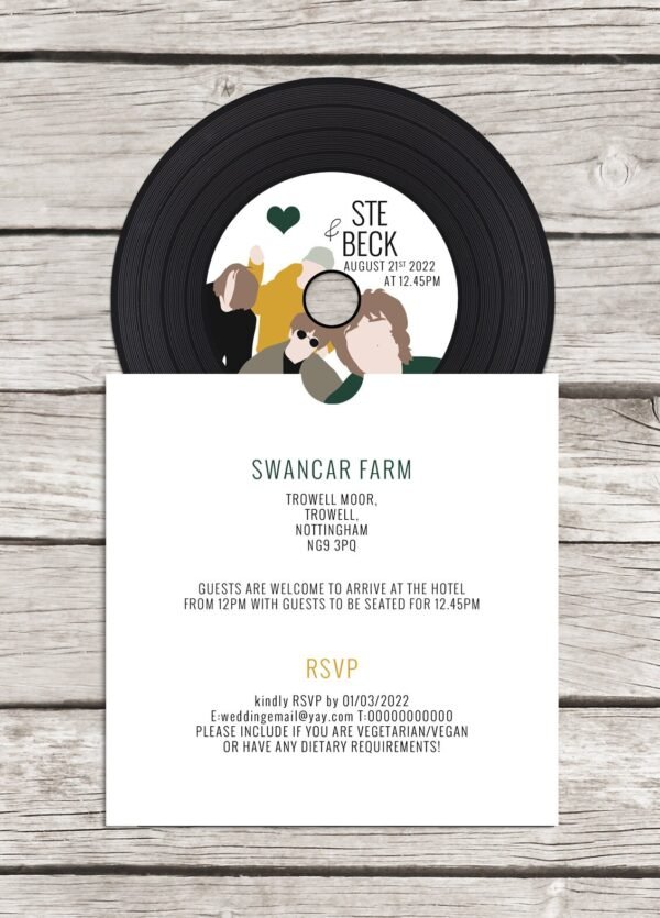 Retro Stone Roses Inspired CD 'Vinyl' Wedding Invitation, personalised CD record sleeves, custom vintage music themed invitations, handmade - Image 3