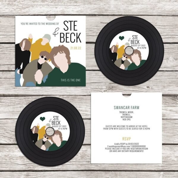 Retro Stone Roses Inspired CD 'Vinyl' Wedding Invitation, personalised CD record sleeves, custom vintage music themed invitations, handmade