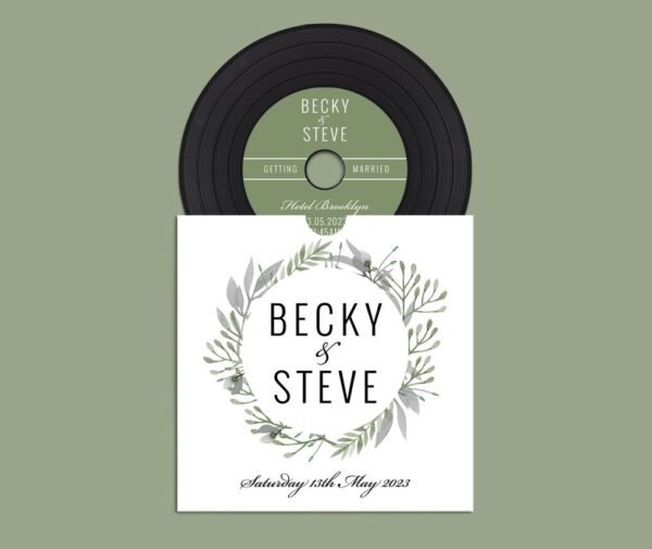 Rustic 'vinyl' record CD wedding invitation, personalised kraft sleeves, custom vintage music themed invitations, retro handmade music lover