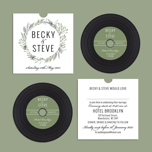 Rustic 'vinyl' record CD wedding invitation, personalised kraft sleeves, custom vintage music themed invitations, retro handmade music lover - Image 2