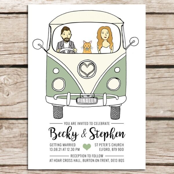 Campervan Wedding Invitation, Illustrated Wedding Announcements, Custom Bride & Groom Drawing, Luxury Invites, Alternative Stationery - Image 3