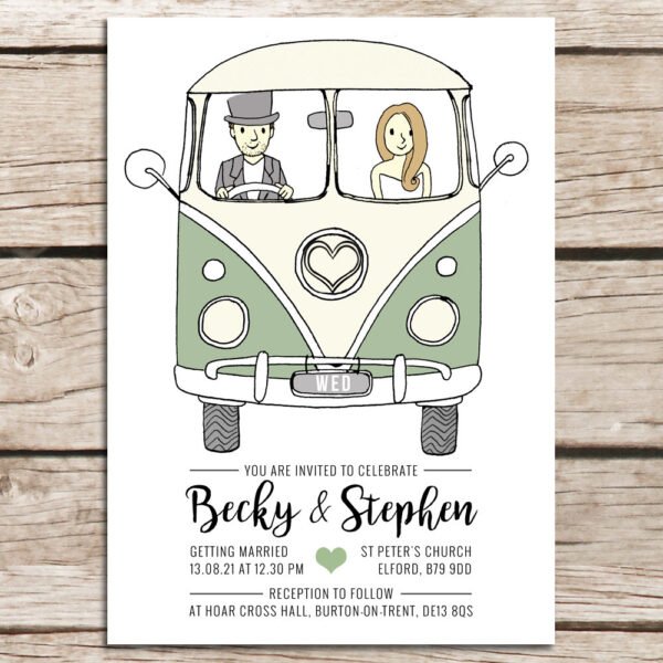 Campervan Wedding Invitation, Illustrated Wedding Announcements, Custom Bride & Groom Drawing, Luxury Invites, Alternative Stationery