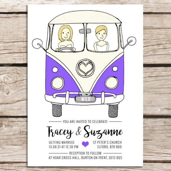 Campervan Wedding Invitation, Illustrated Wedding Announcements, Custom Bride & Groom Drawing, Luxury Invites, Alternative Stationery - Image 2