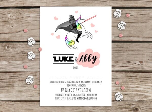 Unicorn Star Wars Wedding Invitations, Darth Vader Riding Unicorn, Whimsical, Weird, Fun Wedding Invites, Personalised Stationery, Quirky