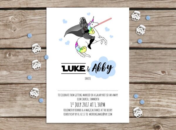 Unicorn Star Wars Wedding Invitations, Darth Vader Riding Unicorn, Whimsical, Weird, Fun Wedding Invites, Personalised Stationery, Quirky - Image 2
