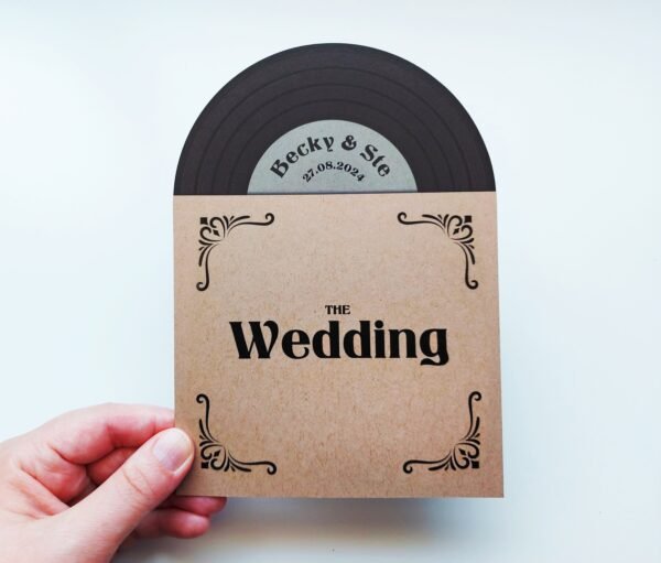 Rustic Vinyl Record Design Wedding Invitations, Personalised Kraft Invites, Custom Vintage Music Themed invitation, Retro Music Lovers
