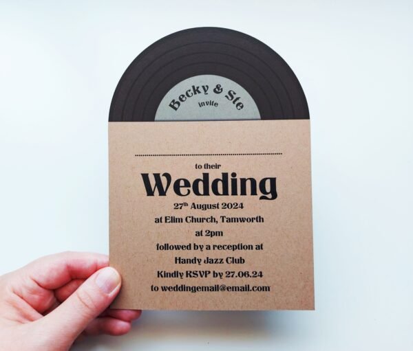 Rustic Vinyl Record Design Wedding Invitations, Personalised Kraft Invites, Custom Vintage Music Themed invitation, Retro Music Lovers - Image 2