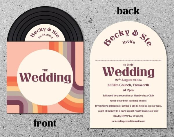 Retro Vinyl Record Design Wedding Invitations, Personalised Rainbow Invites, Custom Vintage Music Themed invitation, Retro Music Lovers - Image 4