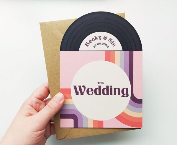 Retro Vinyl Record Design Wedding Invitations, Personalised Rainbow Invites, Custom Vintage Music Themed invitation, Retro Music Lovers
