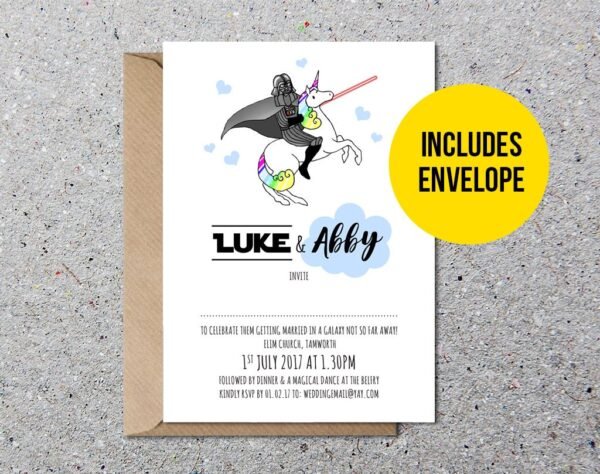 Unicorn Star Wars Wedding Invitations, Darth Vader Riding Unicorn, Whimsical, Weird, Fun Wedding Invites, Personalised Stationery, Quirky - Image 3