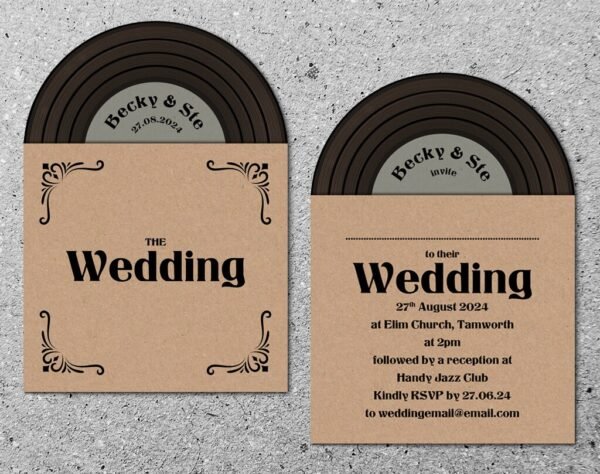 Rustic Vinyl Record Design Wedding Invitations, Personalised Kraft Invites, Custom Vintage Music Themed invitation, Retro Music Lovers - Image 3