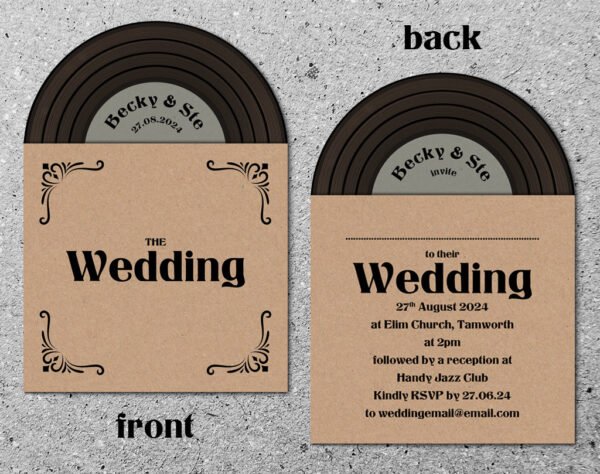 Rustic Vinyl Record Design Wedding Invitations, Personalised Kraft Invites, Custom Vintage Music Themed invitation, Retro Music Lovers - Image 4