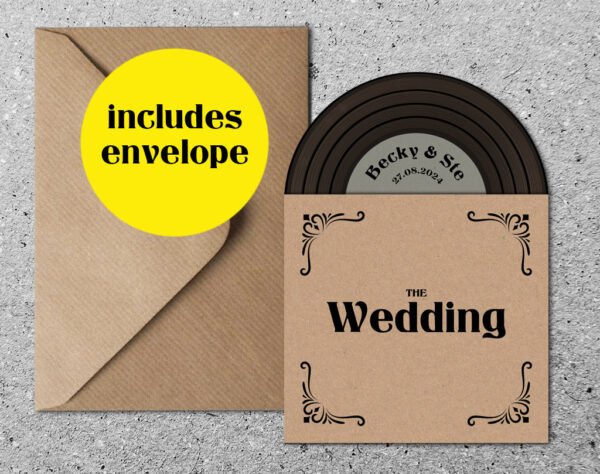 Rustic Vinyl Record Design Wedding Invitations, Personalised Kraft Invites, Custom Vintage Music Themed invitation, Retro Music Lovers - Image 5