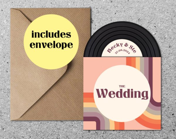 Retro Vinyl Record Design Wedding Invitations, Personalised Rainbow Invites, Custom Vintage Music Themed invitation, Retro Music Lovers - Image 2