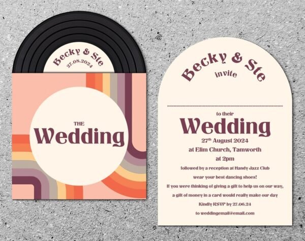 Retro Vinyl Record Design Wedding Invitations, Personalised Rainbow Invites, Custom Vintage Music Themed invitation, Retro Music Lovers - Image 3