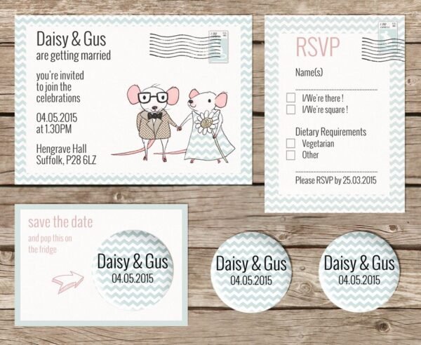Cute mice wedding invitations, Personalised wedding invites with envelopes, Geeky invitations, Illustrated, Printed design, Postcard theme